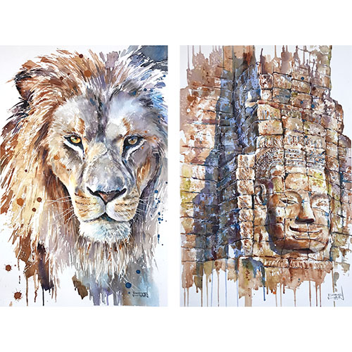 Lion et Angkor, Aquarelles de Céline Dodeman